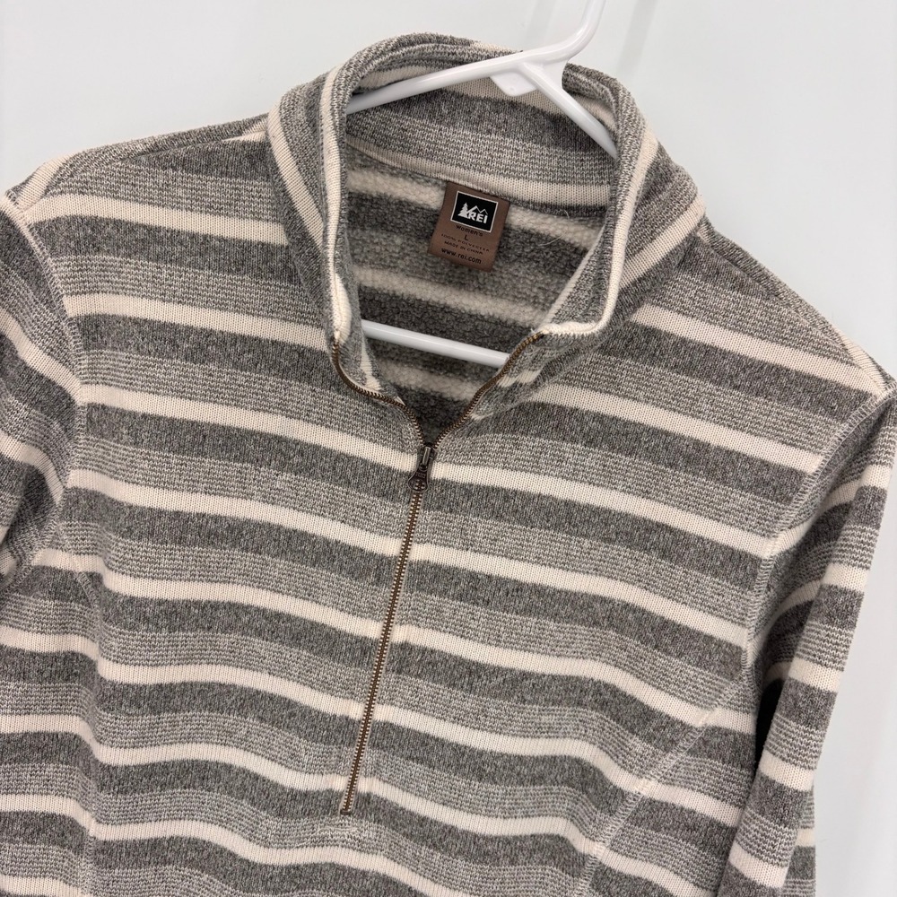 REI Quarter Zip Pullover Women Large Gray Striped Excellent Fleece Lined Pocket